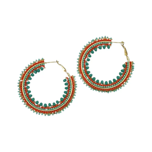 coral and aqua beaded ombre hoop earrings